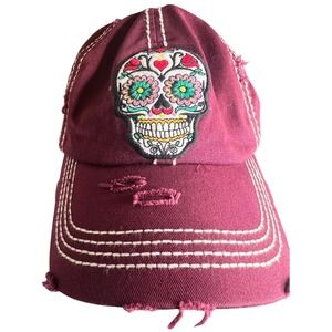 KBETHOS Vintage Sugar Skull Distressed Baseball Cap Maroon Burgundy Cotton Hat
